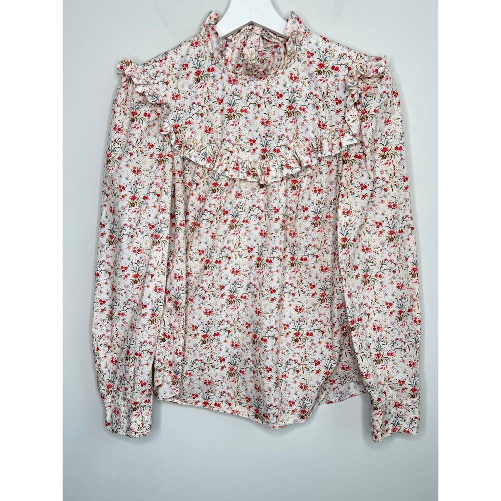 La Vie by Rebecca Taylor Floral Ruffle Neck Blouse Cream w/ Red & Green Small - Picture 2 of 12